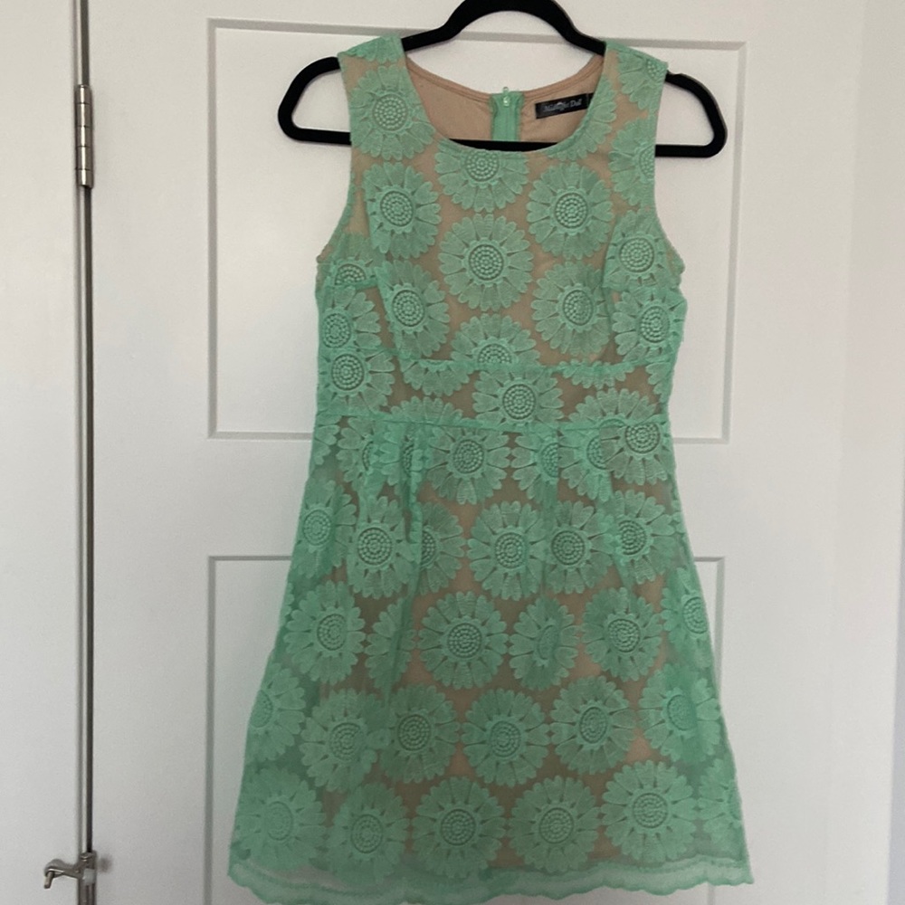 Midnight doll junior size 7, mint colored cocktail dress w/ nude slip underneath